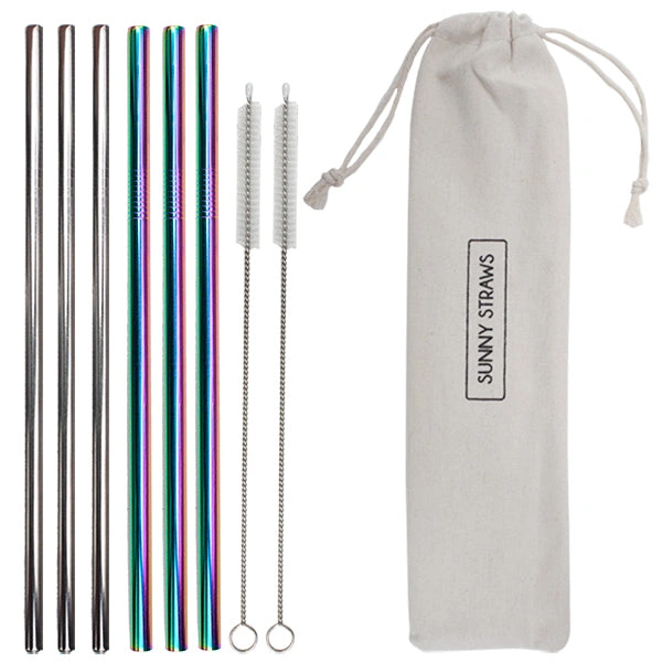 Sip in Style: Rainbow & Silver Straw Set with Cleaning Brushes—Six & Two!